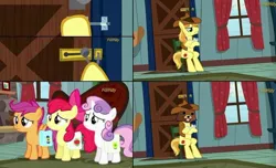 Size: 878x533 | Tagged: apple bloom, braeburn, cutie mark crusaders, derpibooru import, edit, edited screencap, implied foalcon, implied incest, implied rape, meme, pedobear, scootaloo, screencap, suggestive, sweetie belle, this will end in jail time