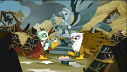 Size: 1920x1080 | Tagged: safe, derpibooru import, screencap, gilda, greta, king grover, gryphon, the lost treasure of griffonstone, eating, griffon scone, scone, statue