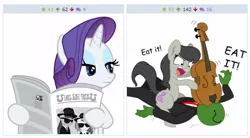 Size: 520x286 | Tagged: angry, cello, derpibooru, derpibooru import, exploitable meme, juxtaposition, juxtaposition win, meme, meta, musical instrument, newspaper, oc, oc:anon, octavia melody, ponyville confidential, rarity, safe, vinyl scratch