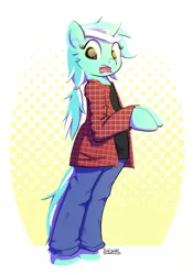 Size: 980x1400 | Tagged: safe, artist:cheshiresdesires, derpibooru import, lyra heartstrings, pony, semi-anthro, unicorn, abstract background, bipedal, clothes, ear fluff, heart eyes, jeans, open mouth, pants, plaid, ponytail, shirt, solo, t-shirt, wingding eyes