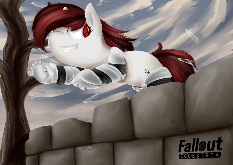 Size: 4960x3507 | Tagged: safe, artist:baldmoose, artist:lightning5trike, derpibooru import, oc, oc:blackjack, unofficial characters only, cyborg, pony, unicorn, fallout equestria, fanfic, fanfic art, female, hooves, horn, jumping, level 1 (project horizons), mare, solo, teeth, text