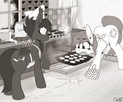 Size: 2500x2074 | Tagged: safe, artist:replica, derpibooru import, oc, oc:reppy, oc:speck, unofficial characters only, bat pony, pony, apron, baking, clothes, kitchen, monochrome, wide hips