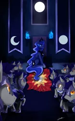 Size: 2500x4000 | Tagged: dead source, safe, artist:gasmaskfox, derpibooru import, echo (bat pony), nocturn, princess luna, alicorn, bat pony, pony, echo and nocturn, female, flag, frown, glowing eyes, looking at you, mare, new lunar republic, night guard, revolution, sitting, throne