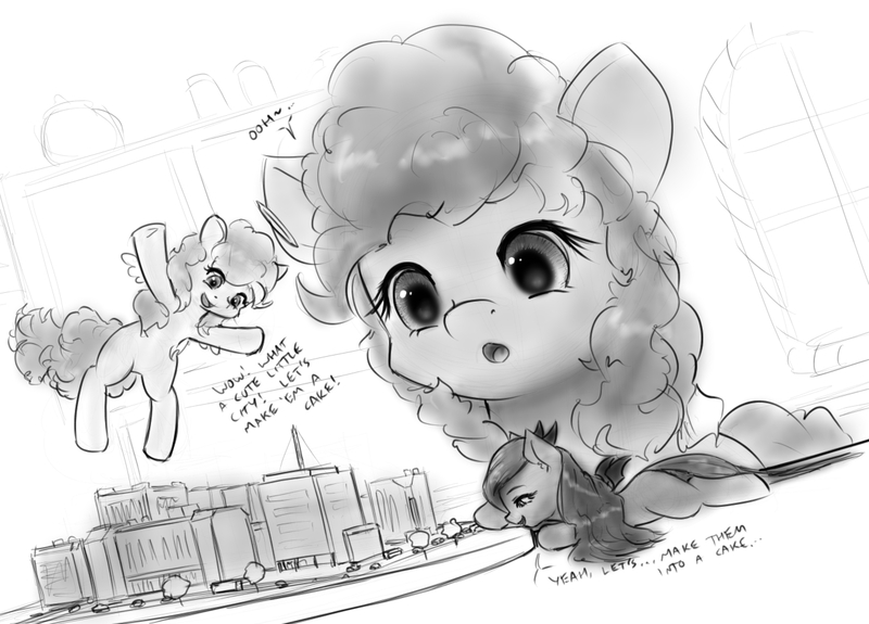 Size: 1289x927 | Tagged: artist:alloyrabbit, city, derpibooru import, monochrome, oc, oc:saltlick, oc:sugarcube, peril, pinkie pie, safe, shoulder angel, shoulder devil