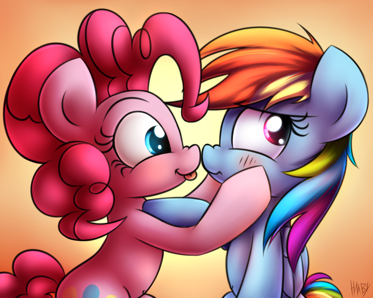 Size: 2000x1600 | Tagged: safe, artist:heavymetalbronyyeah, derpibooru import, pinkie pie, rainbow dash, earth pony, pegasus, pony, blushing, boop, cute, dashabetes, diapinkes, female, lesbian, nose wrinkle, pinkiedash, scrunch battle, scrunchbow dash, shipping, tongue out