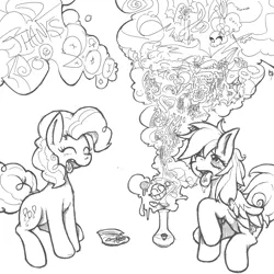 Size: 800x800 | Tagged: safe, artist:trippiehippie, derpibooru import, pinkie pie, rainbow dash, earth pony, pegasus, pony, black and white, drugs, duo, duo female, facebook, female, grayscale, lsd, mare, marijuana, monochrome, shrooms, smoke, surreal