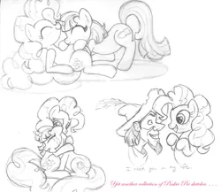 Size: 1024x890 | Tagged: artist:rat-patooty, clopin trouillefou, crossover, derpibooru import, hug, hunchback of notre dame, monochrome, oc, pinkie pie, safe, sketch dump, traditional art