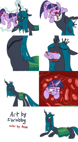 Size: 1706x3072 | Tagged: questionable, semi-grimdark, artist:anonymous, artist:shrabby, derpibooru import, queen chrysalis, twilight sparkle, twilight sparkle (alicorn), alicorn, pony, abdominal bulge, belly, comic, digestion, drool, female, fetish, head first, hoof licking, imminent vore, implied digestion, impossibly long tongue, internal, levitation, licking, mare, preylight, smiling, soft vore, swallowing, throat bulge, tongue out, underhoof, vore