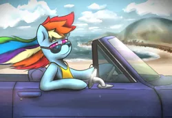 Size: 1988x1360 | Tagged: artist:taps, car, clothes, derpibooru import, rainbow dash, safe, solo, sunglasses, swimsuit, winter swimsuit