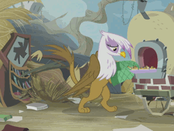Size: 600x450 | Tagged: safe, derpibooru import, screencap, gilda, pinkie pie, gryphon, the lost treasure of griffonstone, animated, anxious, book, bookshelf, griffon scone, griffonstone, mittens, oven, standing, tasty, tree, trotting, trotting in place, wagon