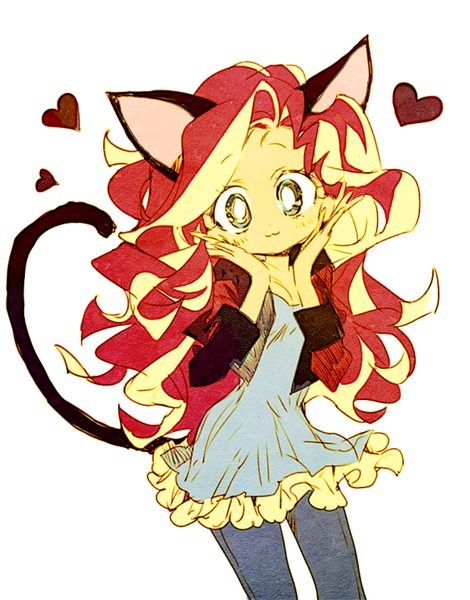 Size: 660x843 | Tagged: safe, artist:memoneo, derpibooru import, sunset shimmer, human, equestria girls, rainbow rocks, :3, adorable face, cat ears, cat tail, catgirl, clothes, cute, eared humanization, heart, humanized, jacket, jeans, kemonomimi, looking at you, neko, nekomimi, nyanset shimmer, pants, shimmerbetes, solo, tail, tailed humanization, weapons-grade cute