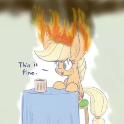 Size: 800x800 | Tagged: safe, artist:heir-of-rick, derpibooru import, applejack, pony, daily apple pony, burning, chair, dialogue, ear fluff, empty eyes, fire, funny, gray background, impossibly large ears, mug, no catchlights, no pupils, on fire, open mouth, simple background, sitting, smiling, smoke, solo, stool, table, this is fine, wat