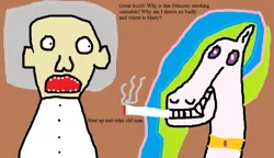 Size: 965x554 | Tagged: 1000 hours in ms paint, abomination, back to the future, badly drawn, cigarette, derpibooru import, doc brown, marijuana, meta, ms paint, princess celestia, quality, safe, smoking, stoned, stylistic suck, wat, why