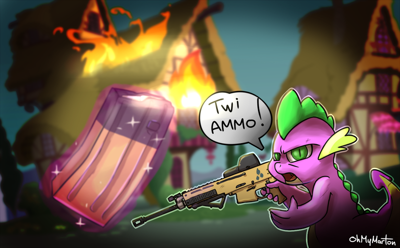 Size: 1500x932 | Tagged: artist:ohmymarton, badass, derpibooru import, eotech, epic, fire, fn scar, gun, implied twilight sparkle, levitation, magic, magpul, no trigger discipline, safe, scar-l, spike, stanag, twilight sparkle