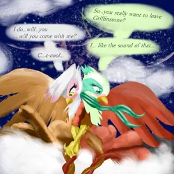 Size: 2000x2000 | Tagged: safe, artist:billyggruff, derpibooru import, gilda, greta, gryphon, the lost treasure of griffonstone, blushing, dialogue, female, grelda, high res, image, lesbian, png, shipping