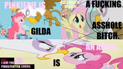 Size: 1366x768 | Tagged: safe, derpibooru import, edit, edited screencap, screencap, fluttershy, gilda, pinkie pie, gryphon, griffon the brush off, drama, gilda drama, hate, hater, image macro, meme, old drama, pink text, vulgar, wat, yellow text, yellow words