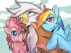 Size: 1200x898 | Tagged: safe, artist:tyuubatu, derpibooru import, gilda, pinkie pie, rainbow dash, earth pony, gryphon, pegasus, pony, cloud, female, mare, sky, snuggling