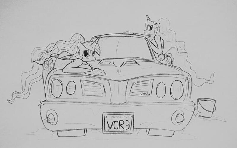 Size: 900x563 | Tagged: anthro, artist:opusxs, bikini, burnout, burnout paradise, car, car wash, clothes, derpibooru import, monochrome, princess celestia, princess luna, safe, swimsuit