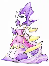 Size: 1438x1920 | Tagged: anthro, armpits, artist:gezawatt, bowtie, clothes, derpibooru import, dress, fancy, fashion, painting, rarity, safe, solo, traditional art