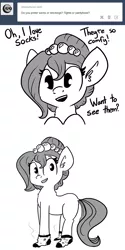 Size: 660x1325 | Tagged: safe, artist:tjpones, derpibooru import, oc, oc:brownie bun, unofficial characters only, horse wife, ask, clothes, monochrome, socks, solo, tumblr