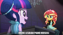 Size: 960x540 | Tagged: safe, derpibooru import, screencap, sunset shimmer, twilight sparkle, equestria girls, friendship through the ages, female, image macro, lesbian, meme, piano, shipping, sunsetsparkle