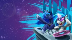 Size: 1920x1080 | Tagged: artist:rikithesuperzeldafan, artist:slifertheskydragon, derpibooru import, edit, glasses, headphones, magic, open mouth, princess luna, raised hoof, record, safe, shutter shades, space, turntable, vinyl scratch, wallpaper