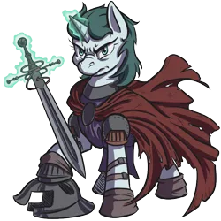 Size: 800x800 | Tagged: safe, artist:kalemon, derpibooru import, oc, oc:aquaria lance, unofficial characters only, pony, unicorn, armor, cape, clothes, fantasy class, frown, helmet, knight, magic, solo, sword, tabard, warrior, weapon