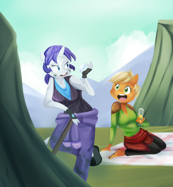 Size: 1280x1383 | Tagged: safe, artist:cowgirlrarity, derpibooru import, applejack, rarity, oc, oc:ivory, oc:sparkling cider, anthro, female, lesbian, rarijack, shipping, ultimare universe