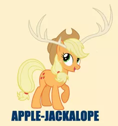 Size: 1363x1450 | Tagged: safe, artist:szabobali, derpibooru import, applejack, earth pony, jackalope, pony, antlers, applejackalope, female, joke, looking up, mare, open mouth, pun, raised hoof, simple background, smiling, solo, wordplay, yellow background