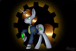 Size: 1500x1000 | Tagged: safe, artist:terezas474747, derpibooru import, oc, oc:littlepip, unofficial characters only, pony, unicorn, fallout equestria, fanfic, abstract background, clothes, cutie mark, fanfic art, female, gears, hooves, horn, mare, pipbuck, raised hoof, solo, vault suit