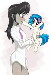 Size: 605x885 | Tagged: safe, artist:ta-na, derpibooru import, octavia melody, vinyl scratch, pony, unicorn, equestria girls, :p, :t, backwards cutie mark, blushing, boop, bottomless, clothes, eye contact, female, holding a pony, interspecies, lesbian, licking, licking lips, scratchtavia, scrunchy face, shipping, smirk, sweatdrop, tiny ponies, tongue out, wide eyes