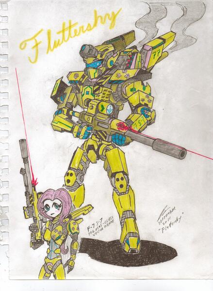 Size: 2522x3450 | Tagged: armor, artist:commandercanteets, badass, derpibooru import, flutterbadass, fluttershy, gun, human, humanized, mecha, optical sight, rifle, safe, sniper rifle, snipershy, solo, traditional art, weapon