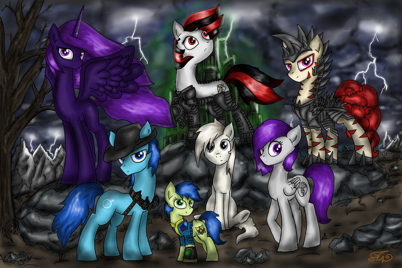 Size: 1873x1250 | Tagged: safe, artist:setharu, derpibooru import, oc, oc:blackjack, oc:boo, oc:lacunae, oc:morning glory (project horizons), oc:p-21, oc:rampage, oc:scotch tape, unofficial characters only, alicorn, earth pony, pegasus, pony, unicorn, fallout equestria, fallout equestria: project horizons, fanfic, alicorn oc, artificial alicorn, barbed wire, clothes, cloud, cloudy, cowboy hat, cutie mark, dashite, dead tree, fallout, fanfic art, female, hat, hooves, horn, level 2 (project horizons), lightning, male, mare, pipbuck, purple alicorn (fo:e), rock, sitting, spread wings, stallion, standing, tree, vault suit, wings