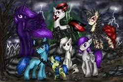 Size: 1873x1250 | Tagged: safe, artist:setharu, derpibooru import, oc, oc:blackjack, oc:boo, oc:lacunae, oc:morning glory (project horizons), oc:p-21, oc:rampage, oc:scotch tape, unofficial characters only, alicorn, earth pony, pegasus, pony, unicorn, fallout equestria, fallout equestria: project horizons, fanfic, alicorn oc, artificial alicorn, barbed wire, clothes, cloud, cloudy, cowboy hat, cutie mark, dashite, dead tree, fallout, fanfic art, female, hat, hooves, horn, level 2 (project horizons), lightning, male, mare, pipbuck, purple alicorn (fo:e), rock, sitting, spread wings, stallion, standing, tree, vault suit, wings