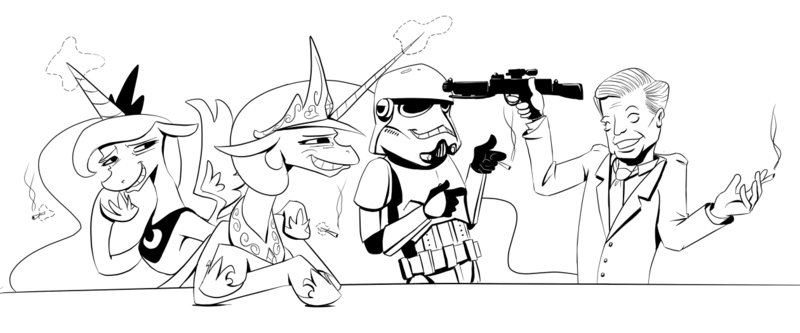 Size: 1260x525 | Tagged: 4chan, artist:hombre cerdo, crossover, derpibooru import, high, john f. kennedy, joint, laughing, marijuana, monochrome, not salmon, princess celestia, princess luna, questionable, star wars, stoned, stormtrooper, wat