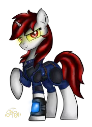 Size: 2263x3128 | Tagged: safe, artist:setharu, derpibooru import, oc, oc:blackjack, unofficial characters only, pony, unicorn, fallout equestria, fallout equestria: project horizons, fanfic, clothes, fallout, fanfic art, female, hooves, horn, mare, pipbuck, security armor, solo, vault security armor, vault suit