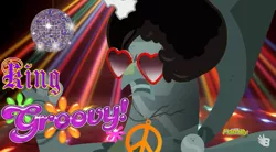 Size: 851x471 | Tagged: safe, derpibooru import, edit, screencap, king grover, gryphon, the lost treasure of griffonstone, 1960s, 1970s, 60s, 70s, afro, disco ball, image macro, king groovy, meme, peace symbol, pun, solo