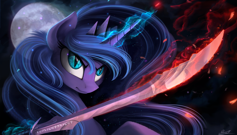 Size: 2450x1400 | Tagged: safe, artist:yakovlev-vad, derpibooru import, princess luna, pony, badass, epic, female, fluffy, frown, glare, magic, mare, moon, nightmare luna, runes, slit eyes, solo, sword, telekinesis, warrior luna, weapon