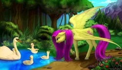 Size: 2608x1496 | Tagged: artist:mykegreywolf, artist:xormak, chick, derpibooru import, floppy ears, fluttershy, forest, long mane, pond, raised hoof, safe, smiling, solo, spread wings, swan, water