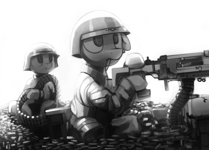 Size: 4000x2870 | Tagged: safe, artist:dimfann, derpibooru import, oc, unofficial characters only, earth pony, pony, ammunition, ammunition belt, armor, bullet, dimfann's war universe, duo, grayscale, gun, heavy machine gun, helmet, machine gun, male, monochrome, scrunchy face, sitting, soldier, soldier pony, stallion, thousand yard stare, war, weapon