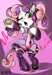 Size: 943x1348 | Tagged: safe, artist:nekubi, derpibooru import, sweetie belle, pony, armpits, bipedal, clothes, crossover, hatsune miku, singing, skirt, solo, underhoof, vocaloid