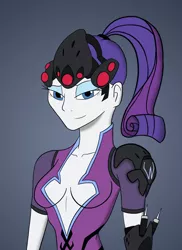 Size: 2550x3509 | Tagged: suggestive, artist:shadyhorseman, derpibooru import, rarity, equestria girls, breasts, cleavage, female, overwatch, ponytail, rarimaker, widowmaker