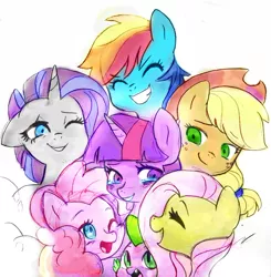 Size: 1024x1047 | Tagged: safe, artist:bl00d111, artist:kianamai, color edit, derpibooru import, edit, applejack, fluttershy, pinkie pie, rainbow dash, rarity, spike, twilight sparkle, twilight sparkle (alicorn), alicorn, pony, castle sweet castle, colored, crying, female, floppy ears, hug, mane seven, mane six, mare, smiling, tears of joy