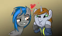 Size: 1057x621 | Tagged: safe, artist:hazardmarine, derpibooru import, oc, oc:homage, oc:littlepip, unofficial characters only, pony, unicorn, fallout equestria, fanfic, clothes, cute, dashface, faic, fanfic art, feels, female, gradient background, grin, heart, hooves, horn, lesbian, mare, oc x oc, pipbuck, shipping, simple background, smiling, smugdash, vault suit