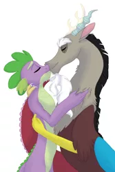 Size: 1000x1500 | Tagged: artist:silcybell, chests are touching, derpibooru import, discord, dispike, gay, kissing, male, older, older spike, safe, shipping, spike