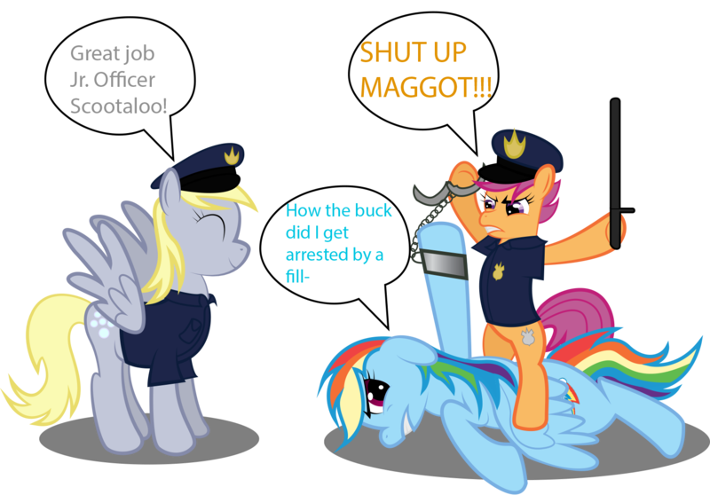 Size: 1610x1123 | Tagged: safe, artist:spellboundcanvas, derpibooru import, derpy hooves, rainbow dash, scootaloo, pegasus, pony, arrested, female, hoof hold, mare