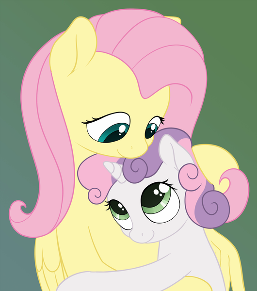 Size: 1767x2000 | Tagged: safe, artist:zippysqrl, derpibooru import, fluttershy, sweetie belle, cute, diasweetes, eye contact, female, flutterbelle, hug, lesbian, shipping, shyabetes, smiling