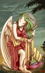 Size: 3724x6000 | Tagged: anthro, artist:alumx, birth of venus, clothes, derpibooru import, dress, eyes closed, fine art parody, princess celestia, safe, sandro botticelli, solo