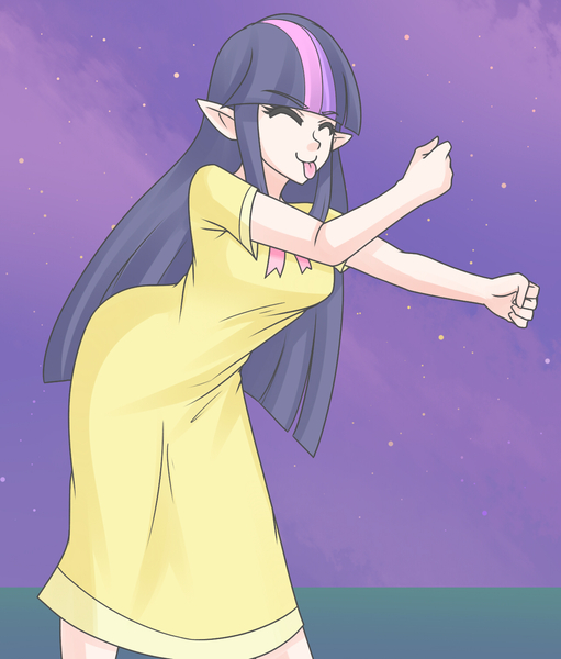 Size: 1280x1504 | Tagged: artist:jonfawkes, clothes, dancing, derpibooru import, do the sparkle, dress, elf ears, human, humanized, :p, safe, solo, twilight sparkle