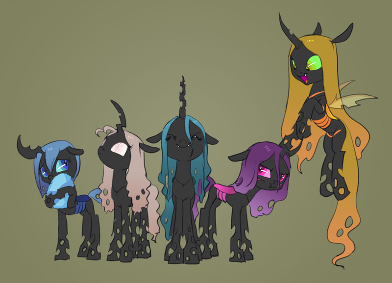 Size: 1192x860 | Tagged: artist:carnifex, blue changeling, blushing, changeling, changeling oc, changeling queen, changeling queen oc, cute, cutealis, derpibooru import, female, green background, oc, oc:ambrosia, ocbetes, oc:calliphora, oc:miasma, oc:myxine, plushie, purple changeling, queen chrysalis, red changeling, safe, shy, simple background, yellow changeling